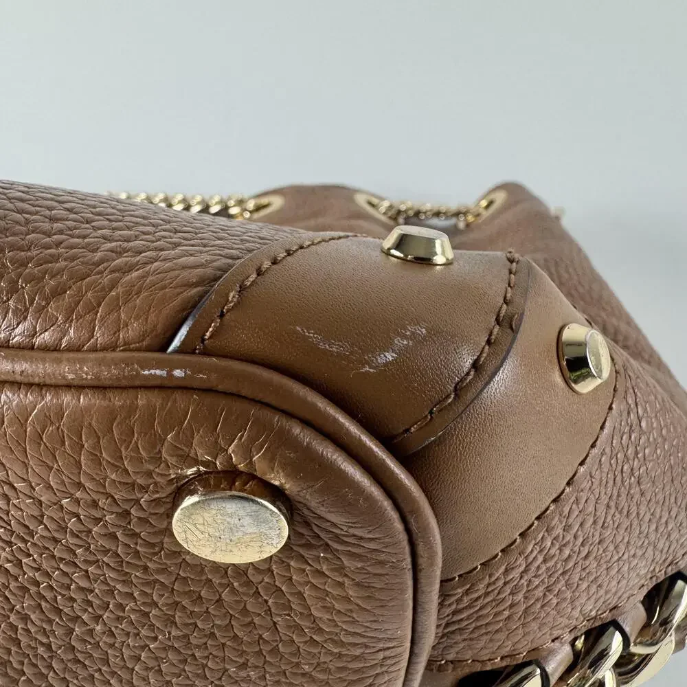 Michael Kors Alamis Bucket Bag Womens Medium Brown Leather Chain Strap Purse